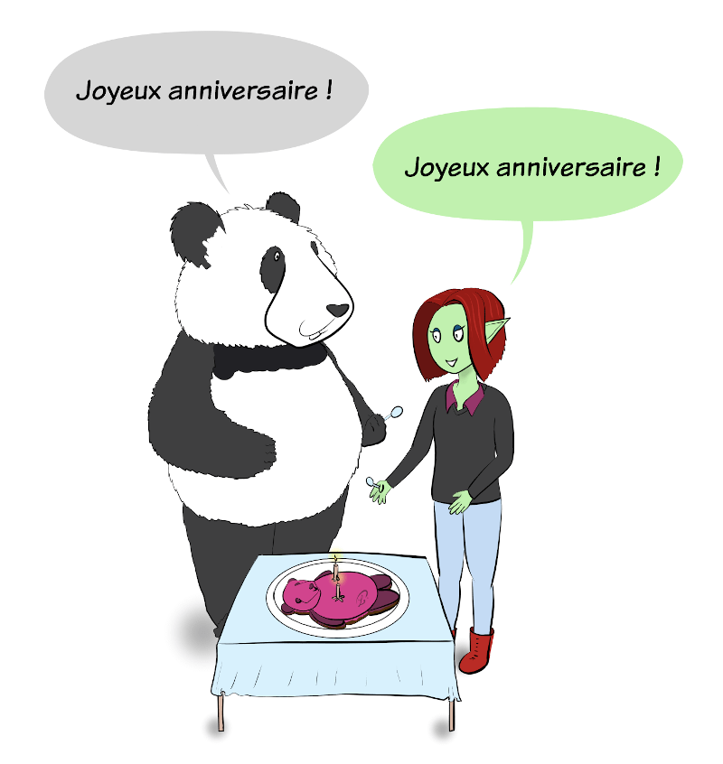Petit Lutin et Moustache, rassemblés devant un gâteau d'anniversaire sur lequel il y a deux bougies, se souhaitent mutuellement un joyeux anniversaire